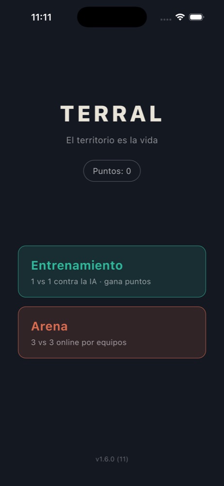 Menú principal con los modos Entrenamiento y Arena